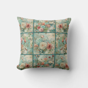 Teal Cottagecore Vintage Floral Quilt Pattern Throw Pillow