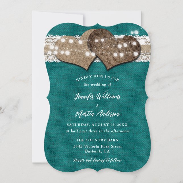 Teal Country Burlap Lace String Lights Wedding Invitation (Front)
