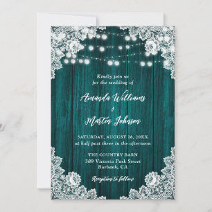Teal Country Wood Floral Lace Lights Wedding Invitation