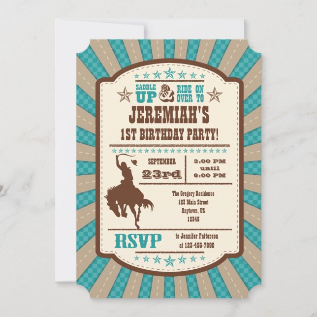 Teal Cowboy Rodeo Birthday Party Invitation (Front)