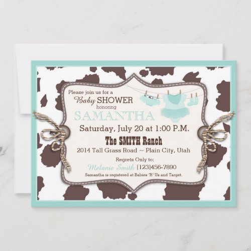 Teal Cowgirl Baby Shower Tutu Invitation