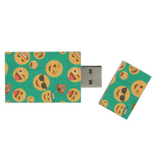 Teal Crazy Emoji Pattern Wood Flash Drive