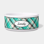 Teal, Cream And Dark Gray Plaid Pattern With Name<br><div class="desc">Lovely plaid pattern in turquoise,  cream and dark gray color scheme. There is also an oval shape banner that has a personalizable text area for the name of the pet. The font is a nice script font in dark gray color.</div>