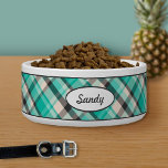 Teal, Cream And Dark Gray Plaid Pattern With Name Bowl<br><div class="desc">Lovely plaid pattern in turquoise,  cream and dark gray color scheme. There is also an oval shape banner that has a personalizable text area for the name of the pet. The font is a nice script font in dark gray color.</div>