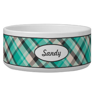 Teal, Cream And Dark Gray Plaid Pattern With Name Bowl
