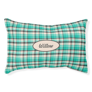 Teal, Cream And Dark Gray Plaid Pattern With Name Pet Bed