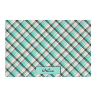 Teal, Cream And Gray Plaid Pattern & Custom Name Placemat