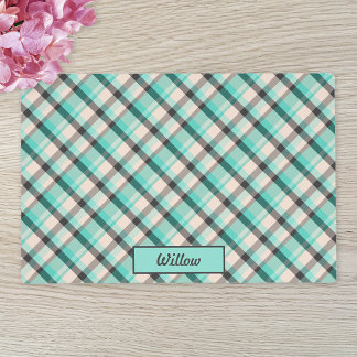Teal, Cream And Gray Plaid Pattern & Custom Name Placemat