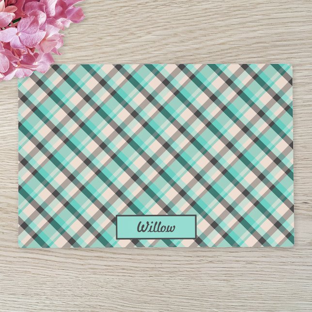 Teal, Cream And Gray Plaid Pattern & Custom Name Placemat (Creator Uploaded)