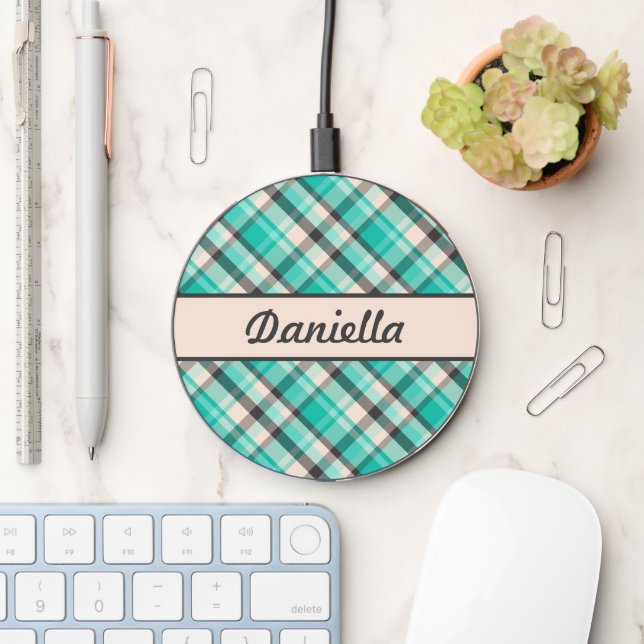 Teal, Cream And Gray Plaid Pattern With A Name Wireless Charger (Desk)