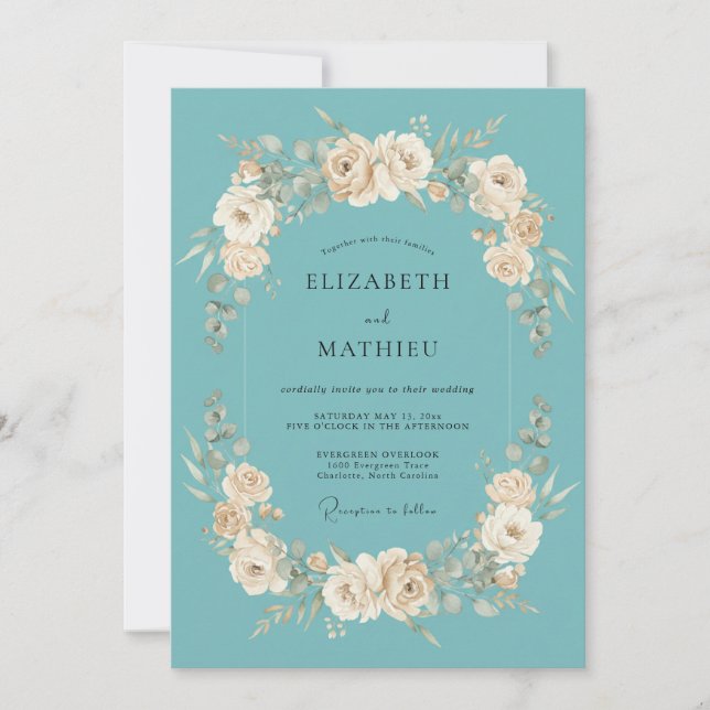 Teal Cream Bloom Flourish Wedding Invitation (Front)