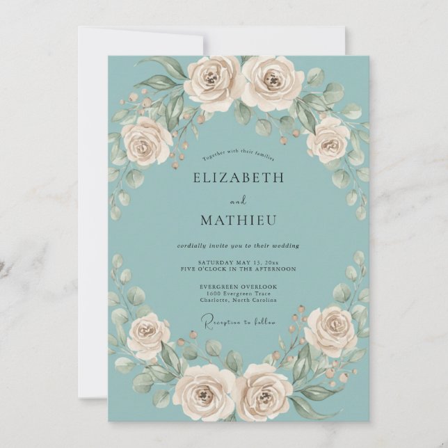 Teal Cream Floral Flourish Wedding Invitation (Front)