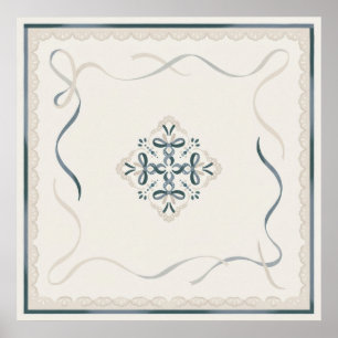 Teal Cream Folk Ribbon Ornament Minimal Poster