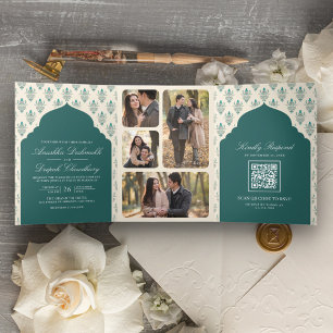 Teal Cream Ikat All in One Indian Wedding Tri-Fold Invitation