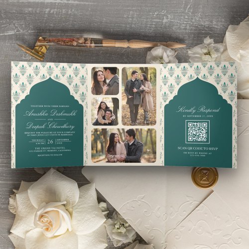 Teal Cream Ikat All in One Indian Wedding Tri_Fold Invitation