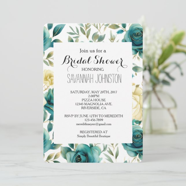 Teal Cream Rose Floral Bridal Shower Invitation (Standing Front)