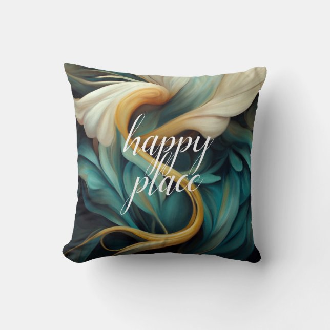 Teal & Cream Swirls Abstract, HAPPY PLACE Throw Pillow (Front)