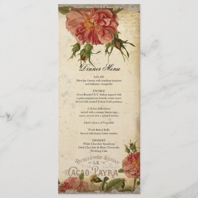 Teal Cream Vintage Eiffel Tower Rose Dinner Menu (Front)