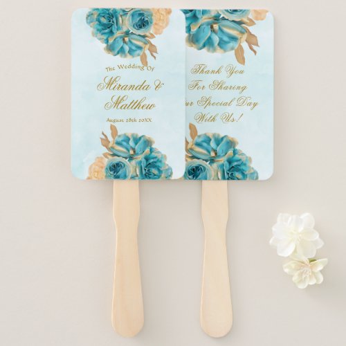 Teal Creamy Gold Florals Wedding Thank You  Hand Fan