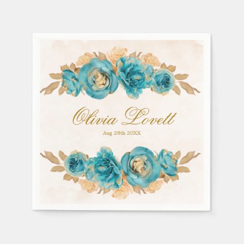 Teal Creamy Gold Watercolor Floral Bridal Shower Napkins