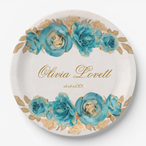 Teal Creamy Gold Watercolor Florals Bridal Shower  Paper Plates