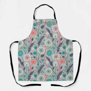 Teal & Crimson Dandelion Dream – Stylized Floral Apron