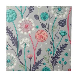 Teal & Crimson Dandelion Dream – Stylized Floral Ceramic Tile
