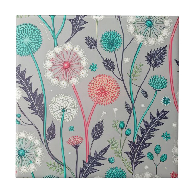 Teal & Crimson Dandelion Dream – Stylized Floral Ceramic Tile (Front)