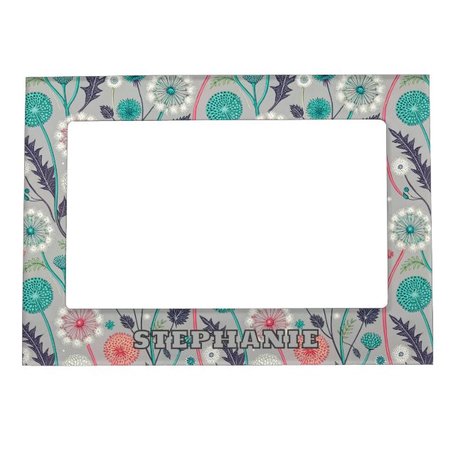 Teal & Crimson Dandelion Dream – Stylized Floral Magnetic Frame (Front)