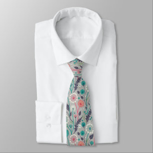 Teal & Crimson Dandelion Dream – Stylized Floral Neck Tie