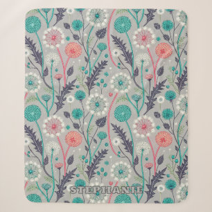 Teal & Crimson Dandelion Dream – Stylized Floral Sherpa Blanket