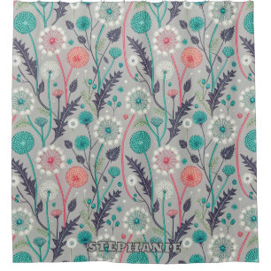 Teal & Crimson Dandelion Dream – Stylized Floral Shower Curtain