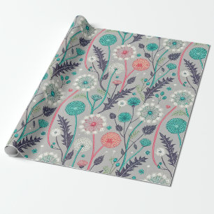 Teal & Crimson Dandelion Dream – Stylized Floral Wrapping Paper