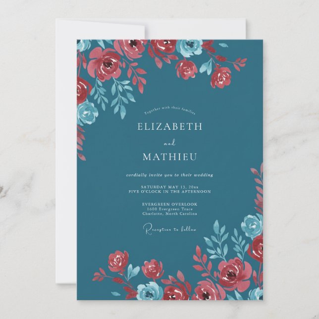 Teal Crimson Floral Flourish Wedding Invitation (Front)