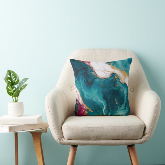 Teal & Crimson Marble Elegance Throw Pillow (Chair)