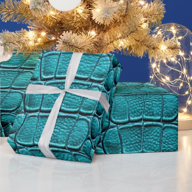 Teal Crocodile Alligator Skin Faux Leather Print Wrapping Paper