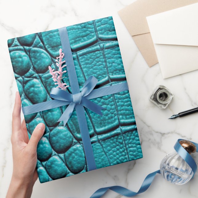 Teal Crocodile Alligator Skin Faux Leather Print Wrapping Paper