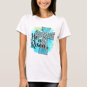 Teal Cross He Is Risen Easter T-Shirt