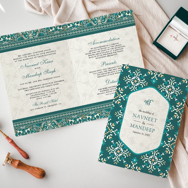 Teal Cross-stitch All in One Sikh Wedding Invitation (Creator Uploaded)