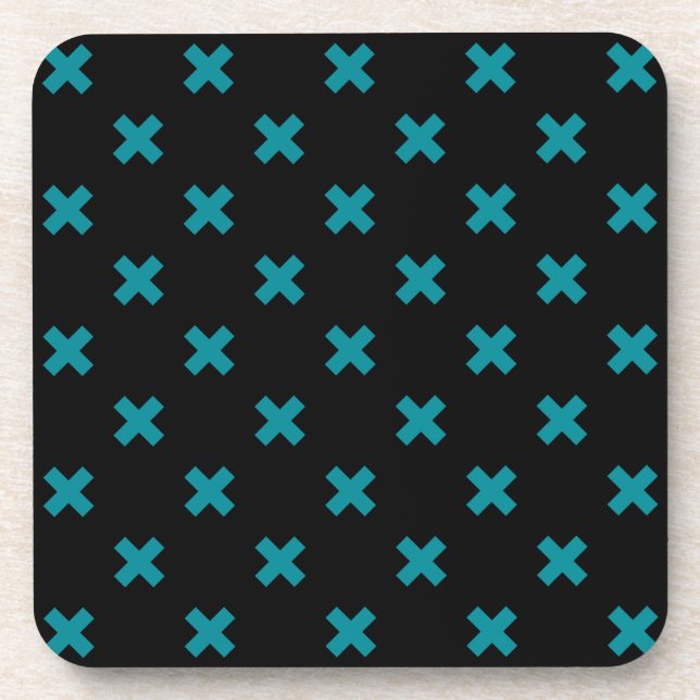 Teal cross stitches on black beverage coaster (Front)