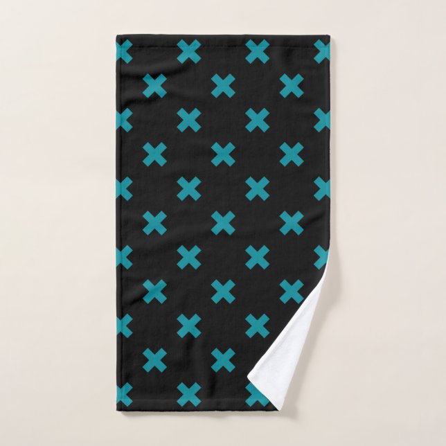 Teal cross stitches on black hand towel  (Hand Towel)