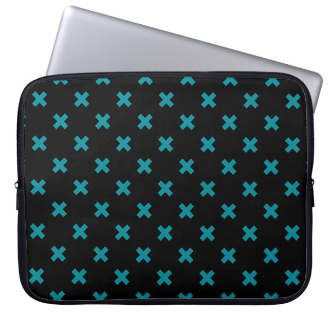 Teal cross stitches on black laptop sleeve (Front)