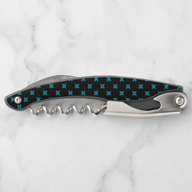 Teal cross stitches on black waiter's corkscrew (Back)
