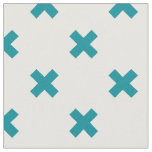 Teal cross stitches on white fabric