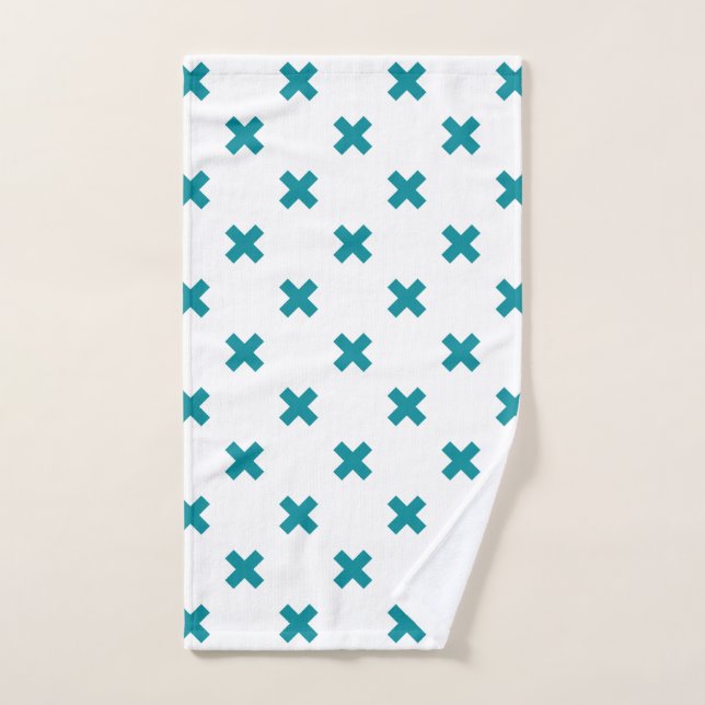 Teal cross stitches on white hand towel  (Hand Towel)