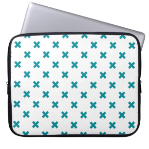 Teal cross stitches on white laptop sleeve