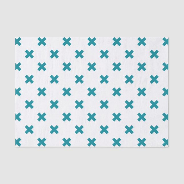 Teal cross stitches on white tissue paper (Front)