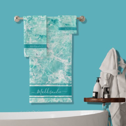 Teal Crystal Monogram Name Marble Agate Custom  Bath Towel Set