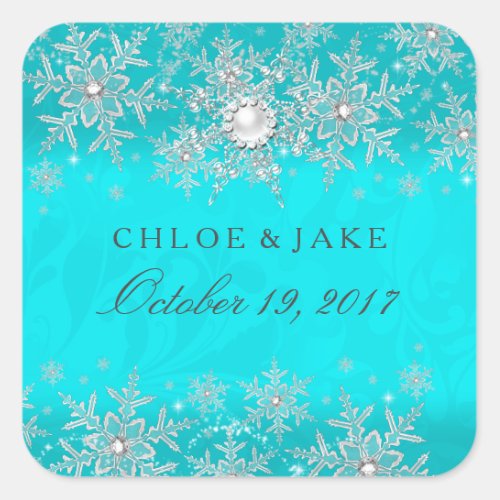 Teal Crystal Pearl Snowflake Silver Wedding Square Sticker