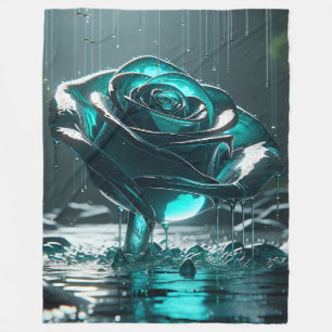 “Teal Crystal Rose with Falling Raindrops" Fleece Blanket